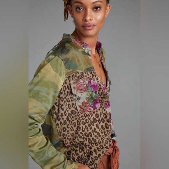 Pilcro Jackets & Blazers - Pilcro Mixed-Print Utility Jacket in Olive Camo Leopard Floral Accents Size Sm